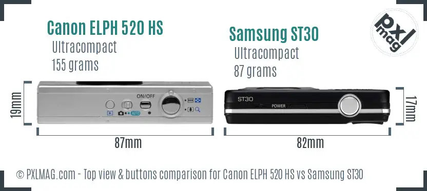 Canon ELPH 520 HS vs Samsung ST30 top view buttons comparison