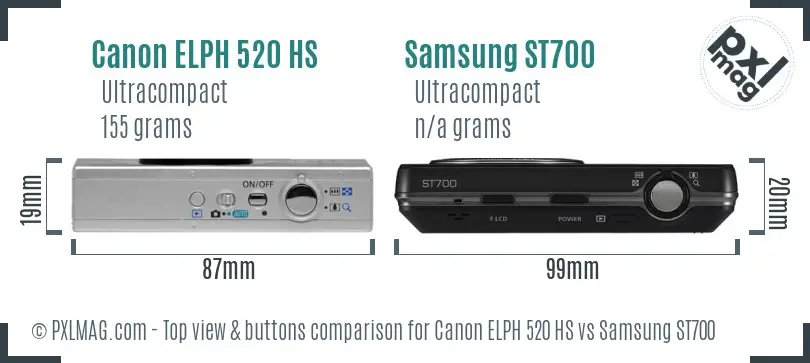 Canon ELPH 520 HS vs Samsung ST700 top view buttons comparison Canon ELPH 520 HS vs Samsung ST700 top view buttons comparison