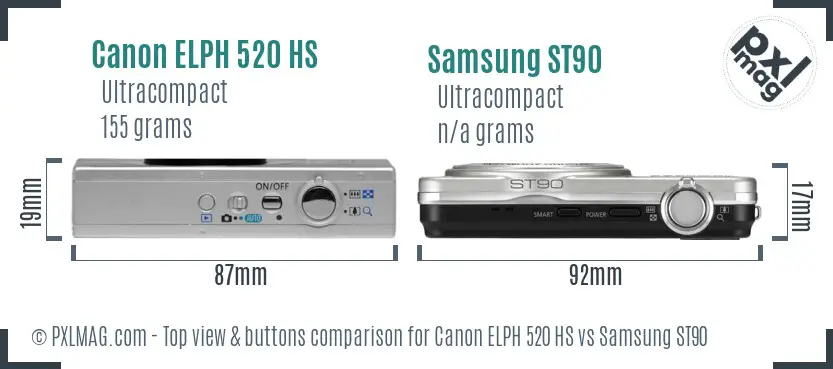 Canon ELPH 520 HS vs Samsung ST90 top view buttons comparison