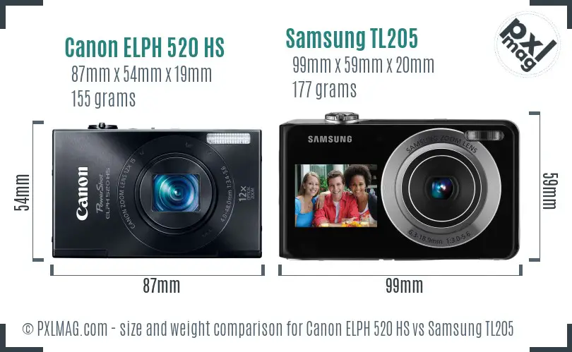 Canon ELPH 520 HS vs Samsung TL205 size comparison