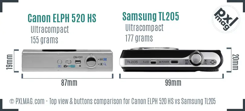 Canon ELPH 520 HS vs Samsung TL205 top view buttons comparison