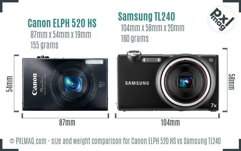 Canon ELPH 520 HS vs Samsung TL240 size comparison