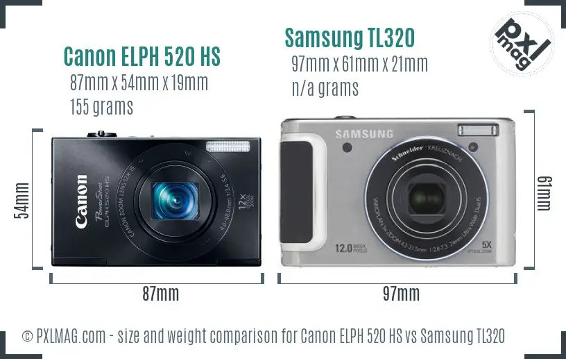Canon ELPH 520 HS vs Samsung TL320 size comparison