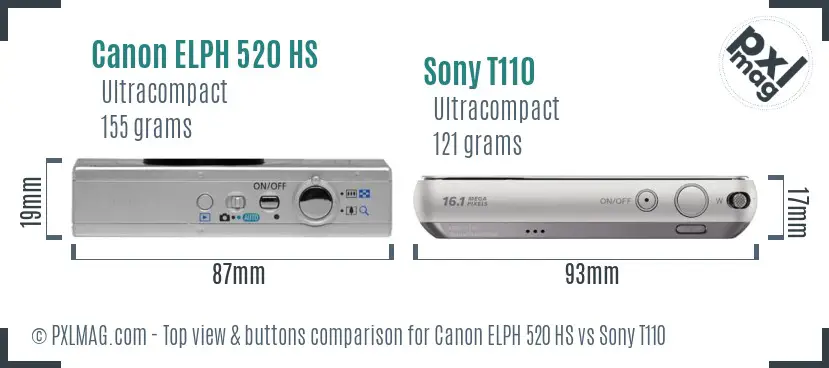 Canon ELPH 520 HS vs Sony T110 top view buttons comparison