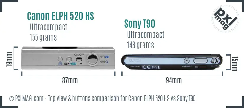 Canon ELPH 520 HS vs Sony T90 top view buttons comparison