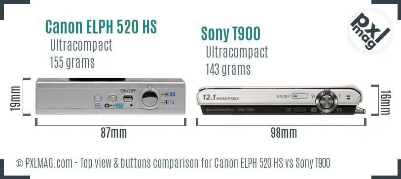 Canon ELPH 520 HS vs Sony T900 top view buttons comparison