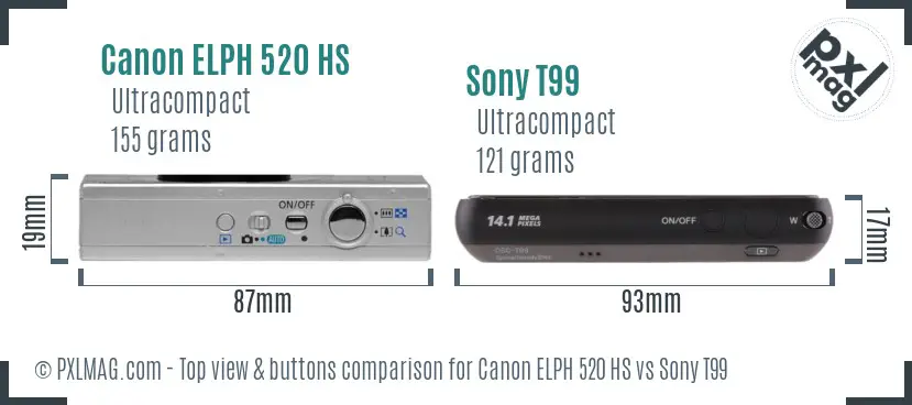 Canon ELPH 520 HS vs Sony T99 top view buttons comparison Canon ELPH 520 HS vs Sony T99 top view buttons comparison