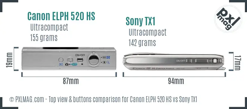 Canon ELPH 520 HS vs Sony TX1 top view buttons comparison