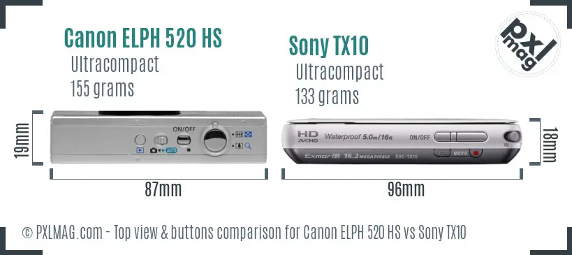 Canon ELPH 520 HS vs Sony TX10 top view buttons comparison