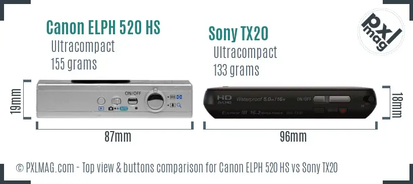 Canon ELPH 520 HS vs Sony TX20 top view buttons comparison