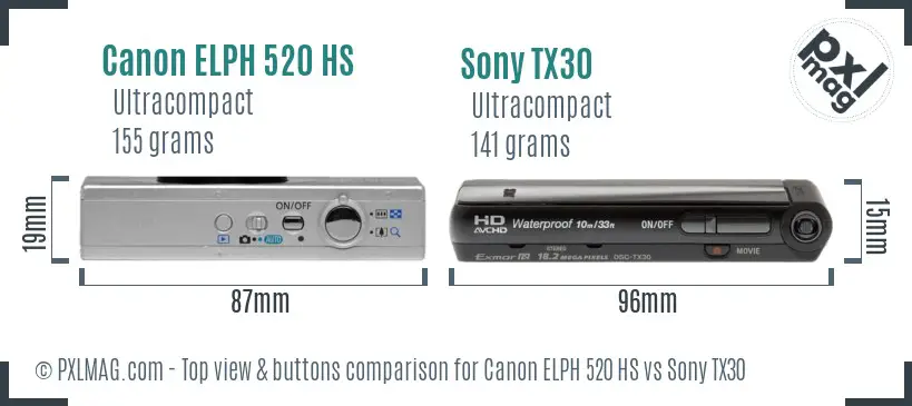 Canon ELPH 520 HS vs Sony TX30 top view buttons comparison