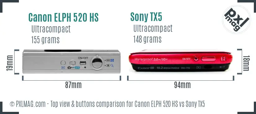 Canon ELPH 520 HS vs Sony TX5 top view buttons comparison