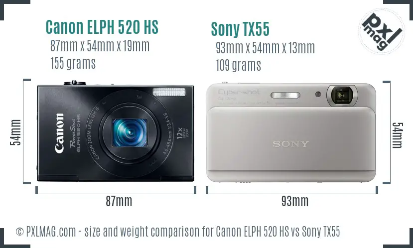 Canon ELPH 520 HS vs Sony TX55 size comparison
