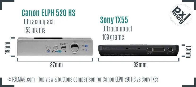 Canon ELPH 520 HS vs Sony TX55 top view buttons comparison