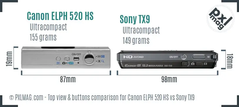 Canon ELPH 520 HS vs Sony TX9 top view buttons comparison