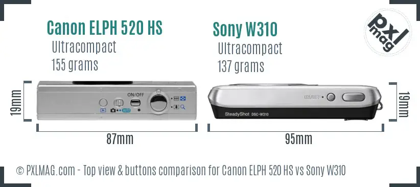 Canon ELPH 520 HS vs Sony W310 top view buttons comparison