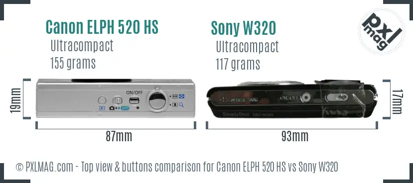 Canon ELPH 520 HS vs Sony W320 top view buttons comparison