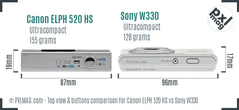 Canon ELPH 520 HS vs Sony W330 top view buttons comparison
