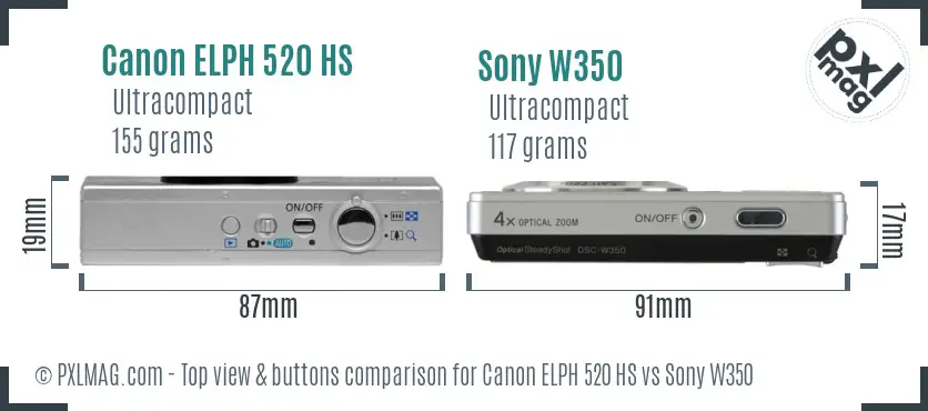 Canon ELPH 520 HS vs Sony W350 top view buttons comparison