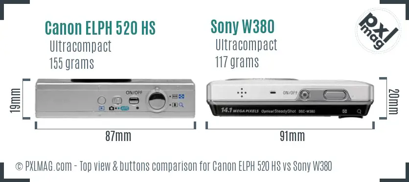 Canon ELPH 520 HS vs Sony W380 top view buttons comparison
