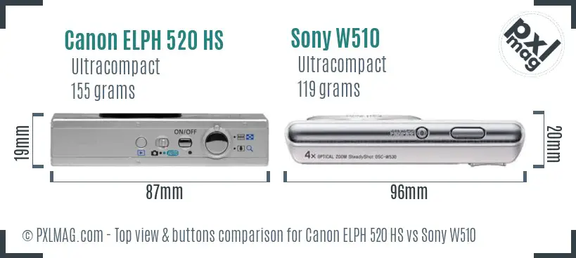 Canon ELPH 520 HS vs Sony W510 top view buttons comparison