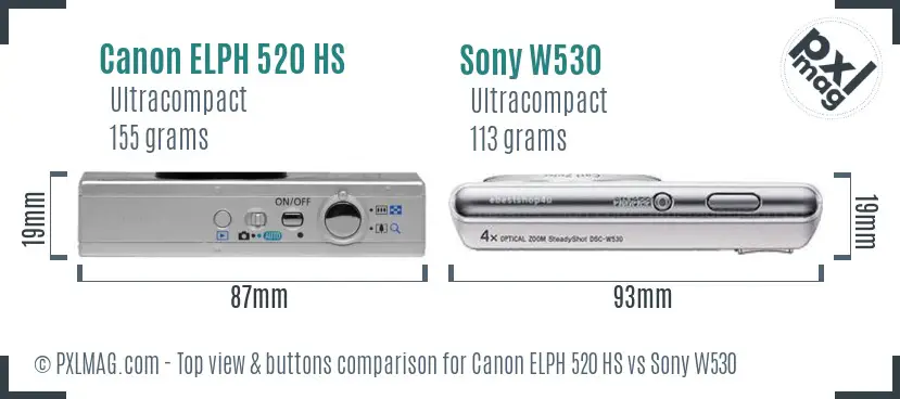 Canon ELPH 520 HS vs Sony W530 top view buttons comparison