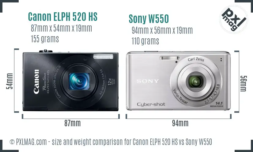 Canon ELPH 520 HS vs Sony W550 size comparison