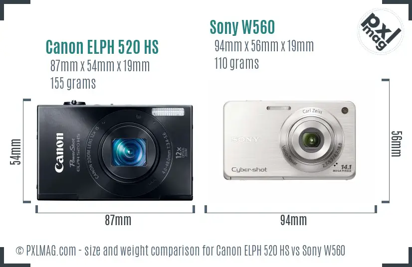 Canon ELPH 520 HS vs Sony W560 size comparison