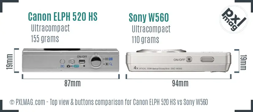 Canon ELPH 520 HS vs Sony W560 top view buttons comparison