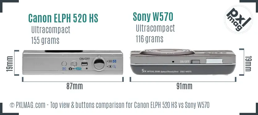 Canon ELPH 520 HS vs Sony W570 top view buttons comparison Canon ELPH 520 HS vs Sony W570 top view buttons comparison