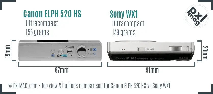 Canon ELPH 520 HS vs Sony WX1 top view buttons comparison