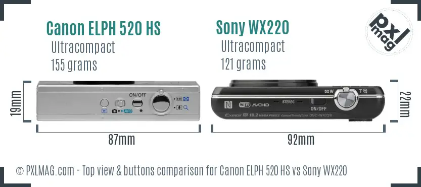 Canon ELPH 520 HS vs Sony WX220 top view buttons comparison