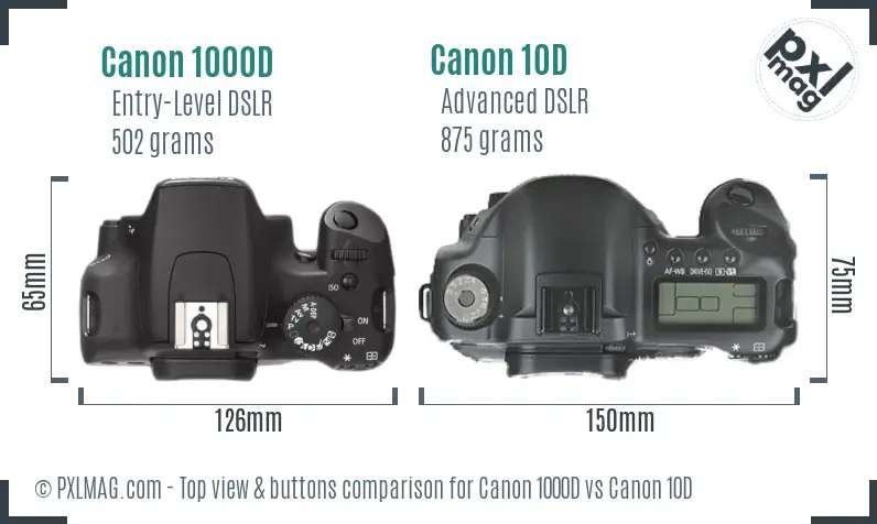 Canon 1000D vs Canon 10D top view buttons comparison Canon 1000D vs Canon 10D top view buttons comparison