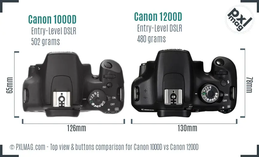 Canon 1000D vs Canon 1200D top view buttons comparison