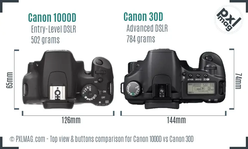 Canon 1000D vs Canon 30D top view buttons comparison Canon 1000D vs Canon 30D top view buttons comparison