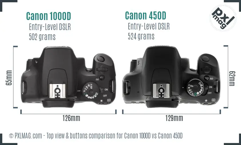 Canon 1000D vs Canon 450D top view buttons comparison