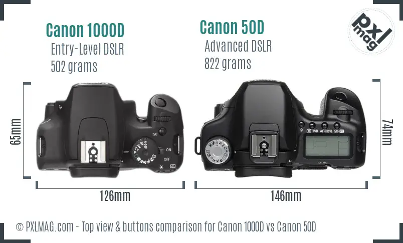 Canon 1000D vs Canon 50D top view buttons comparison Canon 1000D vs Canon 50D top view buttons comparison