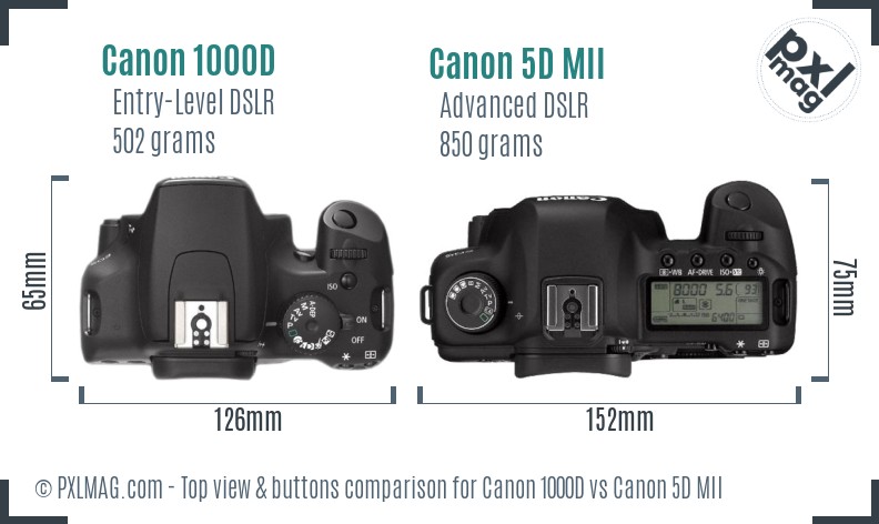 Canon 1000D vs Canon 5D MII top view buttons comparison