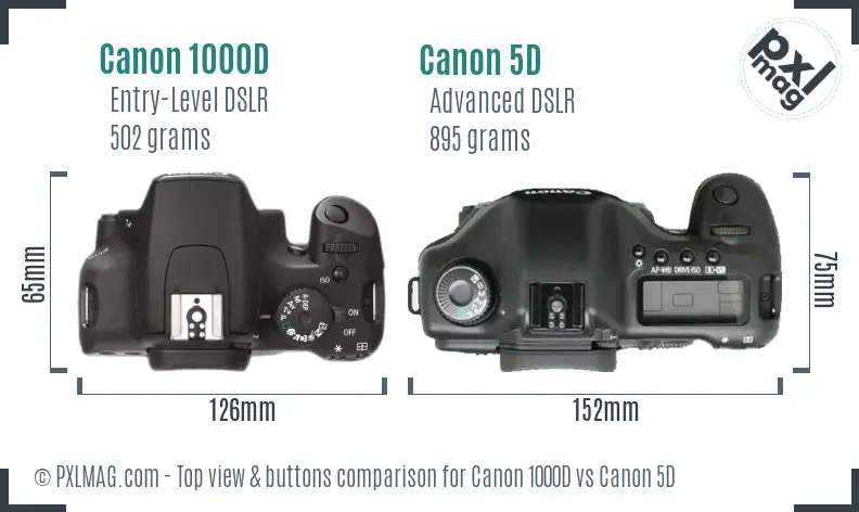Canon 1000D vs Canon 5D top view buttons comparison