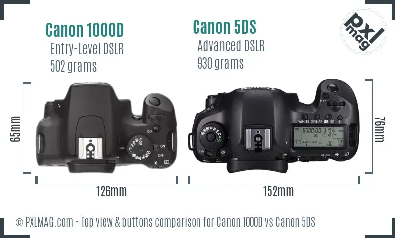 Canon 1000D vs Canon 5DS top view buttons comparison