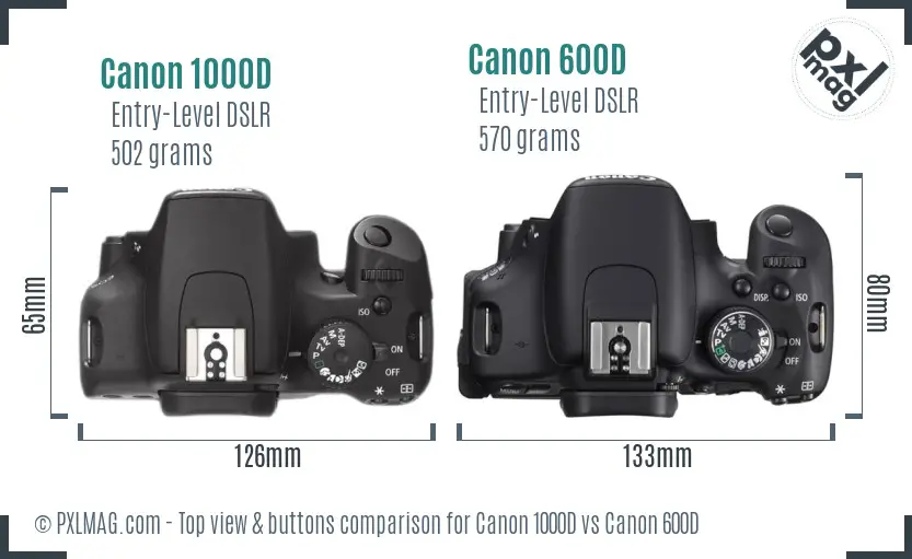 Canon 1000D vs Canon 600D top view buttons comparison