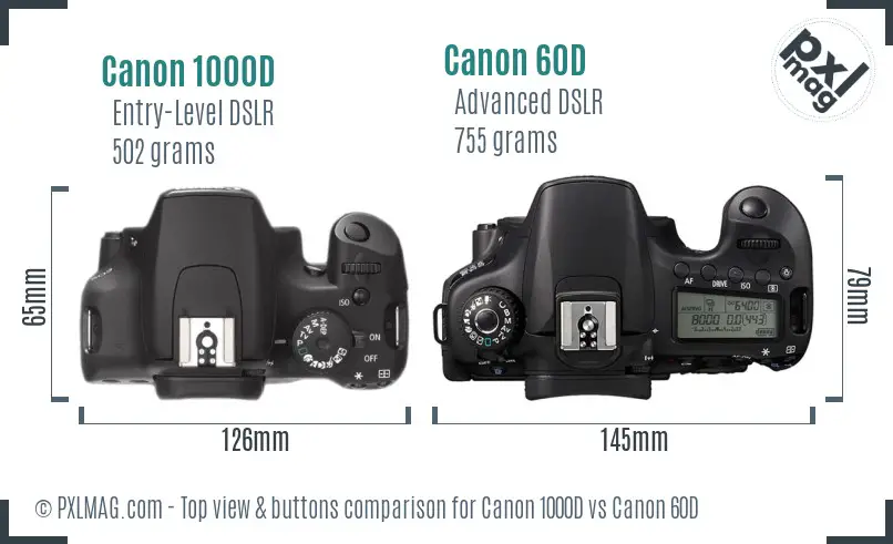Canon 1000D vs Canon 60D top view buttons comparison Canon 1000D vs Canon 60D top view buttons comparison