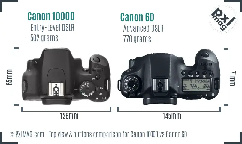 Canon 1000D vs Canon 6D top view buttons comparison Canon 1000D vs Canon 6D top view buttons comparison