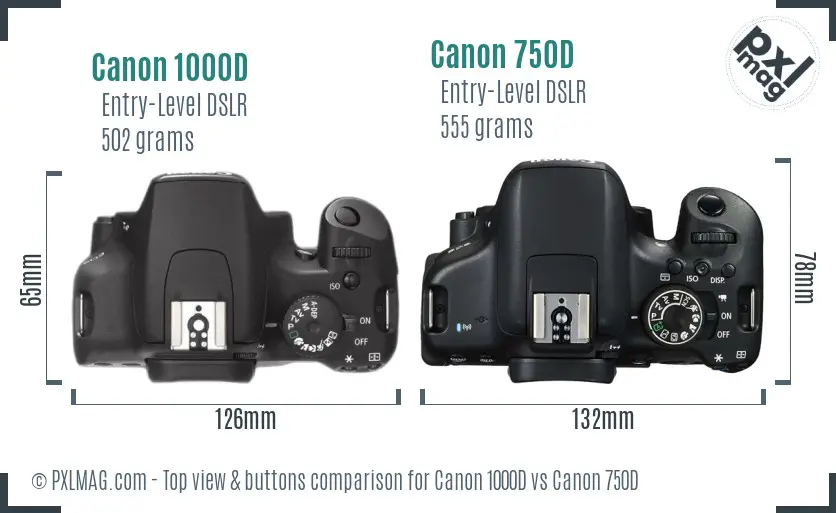 Canon 1000D vs Canon 750D top view buttons comparison