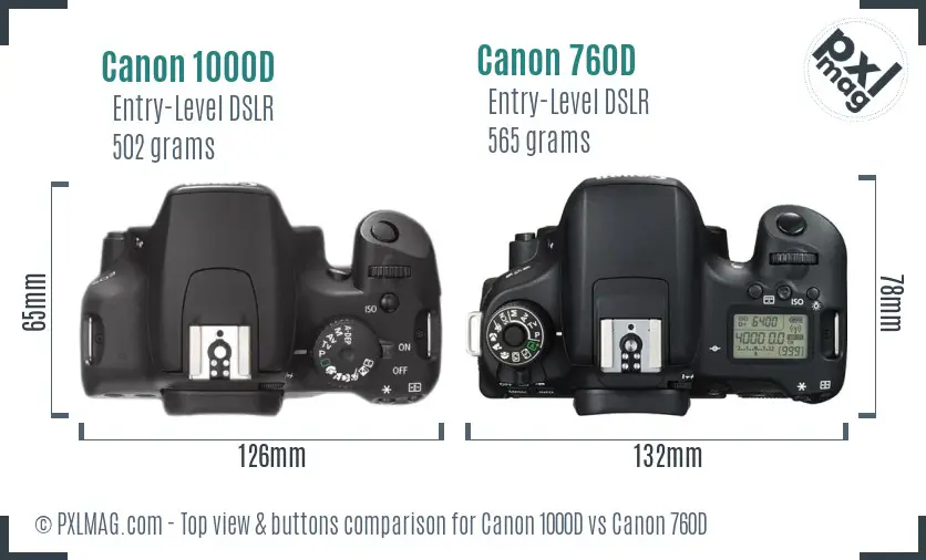 Canon 1000D vs Canon 760D top view buttons comparison