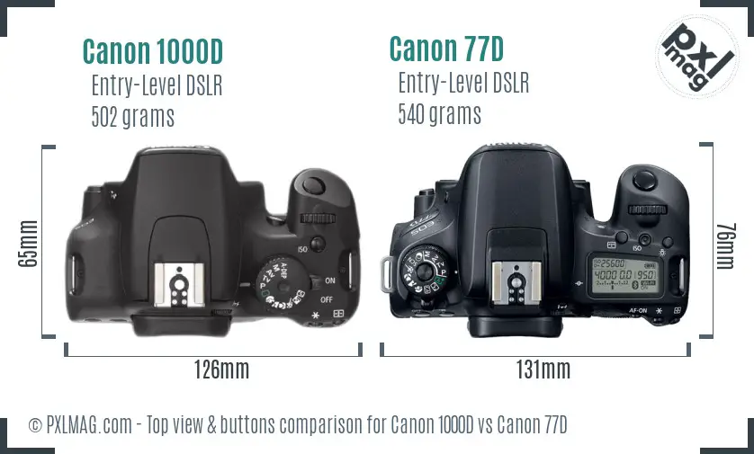 Canon 1000D vs Canon 77D top view buttons comparison