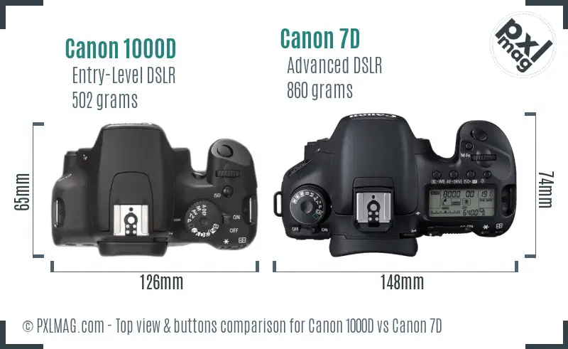 Canon 1000D vs Canon 7D top view buttons comparison