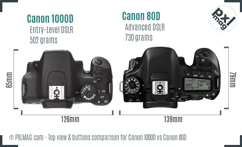 Canon 1000D vs Canon 80D top view buttons comparison