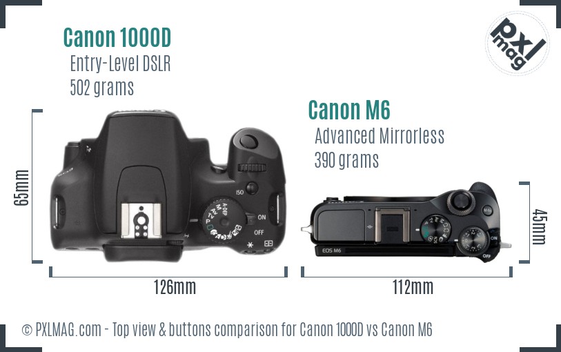 Canon 1000D vs Canon M6 top view buttons comparison