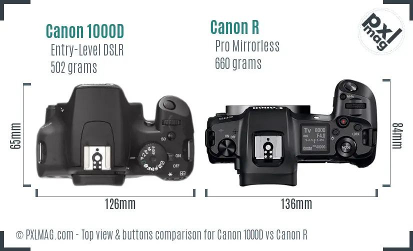 Canon 1000D vs Canon R top view buttons comparison Canon 1000D vs Canon R top view buttons comparison